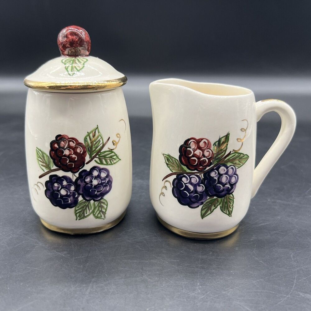 VTG Ceramic Knott’s Berry Farm Jam Jelly Jar & Syrup Berry Design Gold Trim